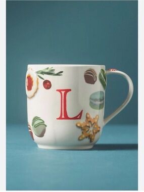 Anthropologie Holifaye Monogram L Holiday Cookie White Ceramic Mug NEW